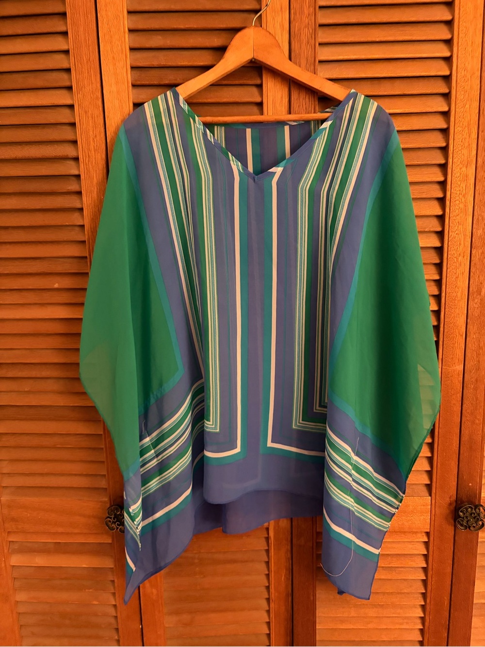 V-Neck Sheer Tunic Top in Green and Blue - Picture 1 of 3